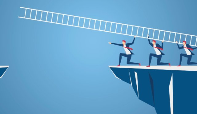 business-team-using-ladder-to-cross-through-the-gap-between-hill-vector-id658973830